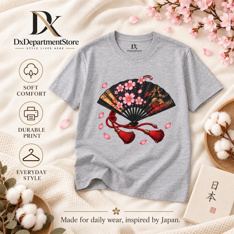 Camiseta japonesa con abanico plegable, camiseta Sensu con estampado de flores de cerezo, regalo para amantes de Japón. imagen 19