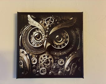 Clockwork owl on stretched canvas