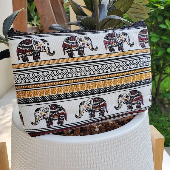 Bohemian Elephant Print Canvas Pouch: Ethnic Paisley Travel Bag