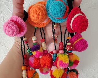 Crochet Hat Hair Ties: Boho Beaded Pom Pom Accessories