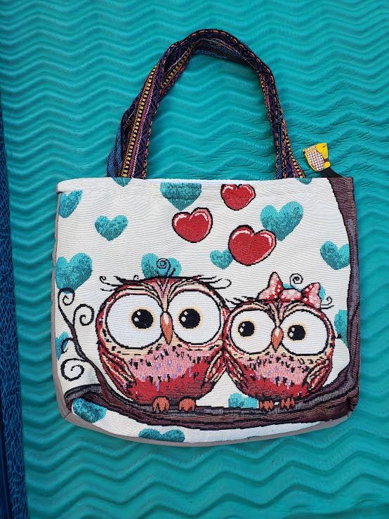 Owl Couple Tapestry Shoulder Bag: Handmade Canvas Tote with Hearts