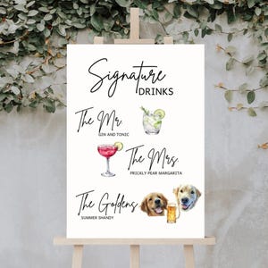 Letrero personalizado para bebidas con la firma de tu mascota, menú de bar para bodas, imagen en acuarela, cócteles para el Sr. y la Sra.