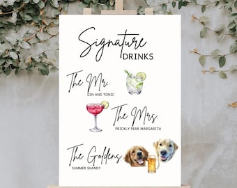Custom Pet Signature Drink Sign, Wedding Bar Menu, Watercolor Image, Mr Mrs Cocktails