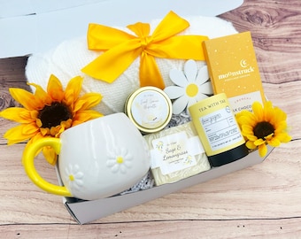 Sending Sunshine with daisy mug and coaster, soft throw blanket, organic spa products
