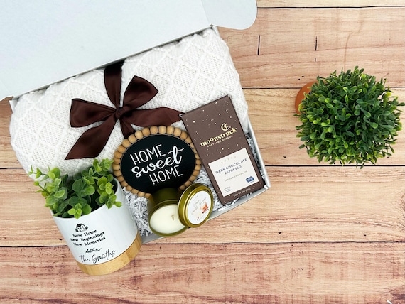 Personalized Housewarming Gift Basket, Planter, Blanket, Home Sign