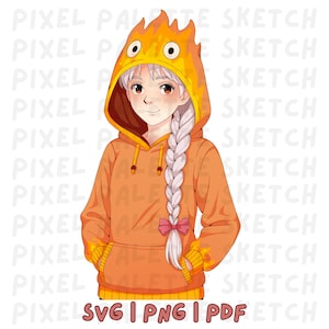 Sophie with Calcifer Hoodie Clip Art | Howl&#39;s Castle Anime Art | PNG, SVG, PDF | Digital Download