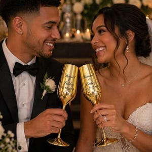 May include: Two gold-coloured champagne flutes with a metallic finish, each engraved with the text Daniel & Bailey and the date 05.17.2025. The flutes feature a slender stem and a tapered bowl, designed for holding sparkling beverages during celebrations.