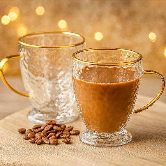 Hammered Double Wall Glass Coffee Mugs: Gold Rim, Insulated, Set of 2
