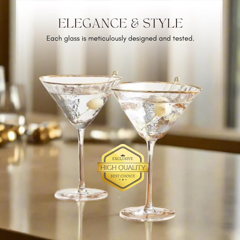 Handmade Hammered Martini Glasses with Gold Rim, Cocktail Picks & Coasters, Set of 2