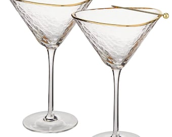 Handmade Hammered Martini Glasses with Gold Rim, Cocktail Picks & Coasters, Set of 2
