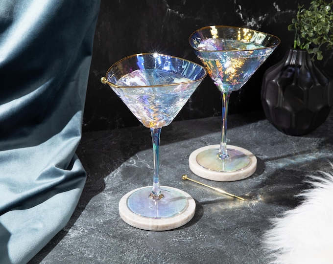Iridescent Hammered Martini Glasses with Gold Rim, Cocktail Picks & Coasters, Set of 2