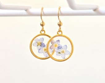 Handmade Forget Me Not Earrings, 18K gold, Real Flower Earrings