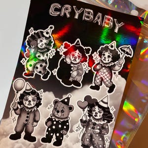 Crybaby Clown Sticker Sheet – 6 Waterproof Holographic Vinyl Stickers | Sad Clowncore Art | Cute Goth Sticker Pack | ArtpluggCo