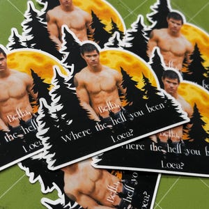 May include: A collection of die-cut stickers featuring a shirtless man in front of a yellow moon and black trees. The stickers have the text "Bella, where the hell you been, Loca?" in white.
