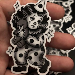 Sad Clown Sticker – Black & White Crybaby Clown with Teddy Bear | Vintage Circus Aesthetic Waterproof Vinyl Sticker