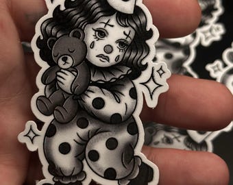 Trauriger Clown Sticker: Vintage Zirkus Crybaby mit Teddybär