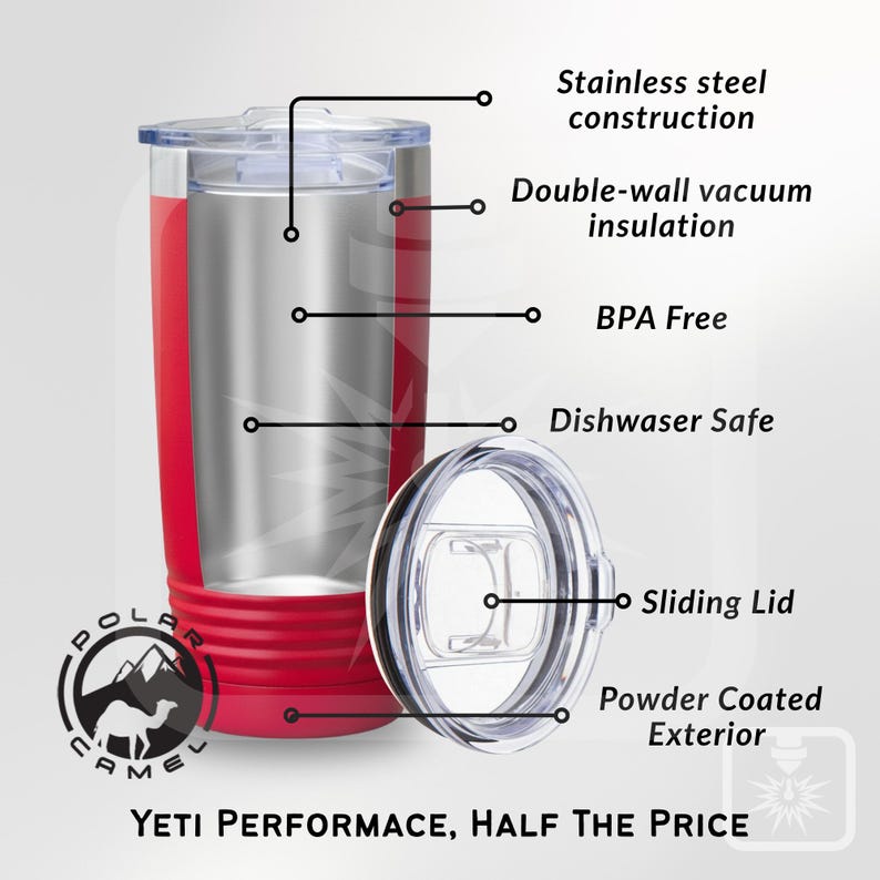 May include: A red and silver insulated tumbler with a sliding lid. Features include stainless steel construction, double-wall vacuum insulation, and a powder-coated exterior. The tumbler is BPA-free and dishwasher safe. The text on the tumbler says "Yeti Performance, Half the Price."