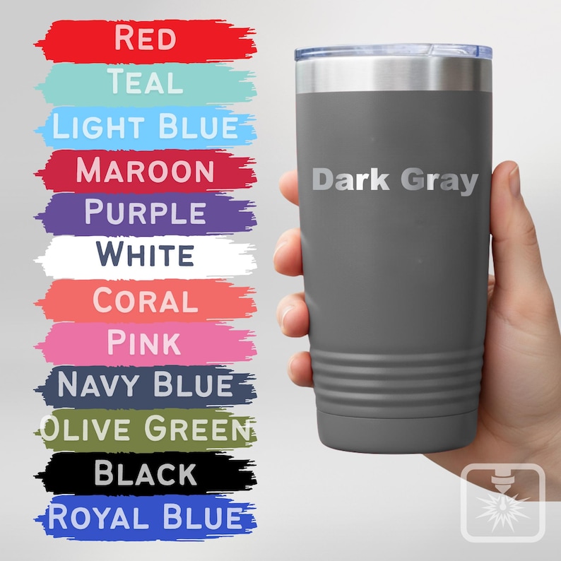 May include: A dark grey insulated travel mug with a silver lid, held by a hand. The text "Dark Gray" is printed on the mug. Colour swatches for various colours, including red, teal, and purple, are displayed to the left.