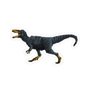 May include: A sticker featuring a detailed illustration of a feathered dinosaur in shades of blue and brown. The dinosaur is depicted in a running pose with its mouth open, showcasing its yellow beak and claws. The sticker has a white border.
