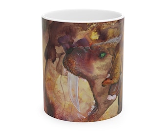 Taza abstracta de mamífero de la Edad de Hielo / arte de animales extintos en acuarela, tonos tierra
