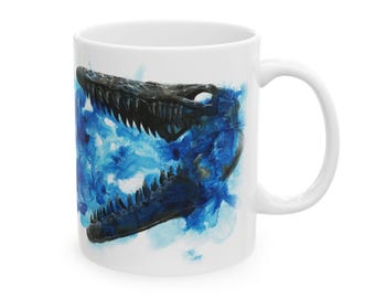 Taza de acuarela de mosasaurio / Arte de animales marinos