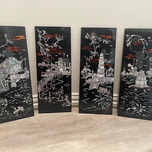 Vintage Asian Black Lacquer Wall Art Panels, Mother-of-Pearl Inlay, 4pc Set Large