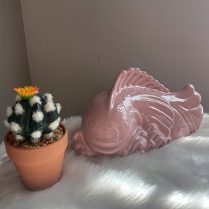 May include: A pink ceramic fish-shaped planter and a small potted cactus with a yellow and orange flower. The cactus is in a terracotta pot, and the fish planter is on a white, fluffy surface.