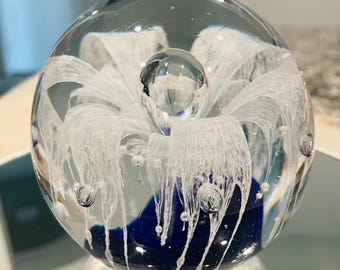 Vintage Blown Art Glass Paperweight Blue and White Flower Heavy