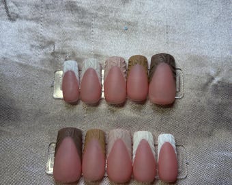 Sweater Weather Press On Nails | Neutral Fall Nail Set | Brown & White French Tips | Cozy Autumn Nails | Square Shape | Handmade Reusable
