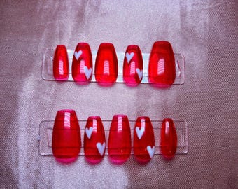 Red Heart Press On Nails: Coffin Shape, Valentine's Day Nail Set
