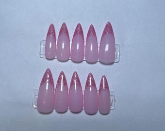Pink Glitter French Tip Press On Nails | Handmade Almond Nails