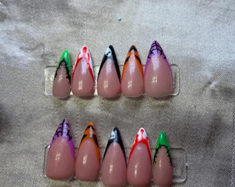Halloween Press On Nails | Spooky French Tips | Multicolor Stitch & Web Design | Handmade Reusable Nails | Almond Shape | October Nails