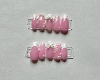 Pink French Tip Press On Nails with Bow & Pearl Accents | Coffin Shape Soft Glam