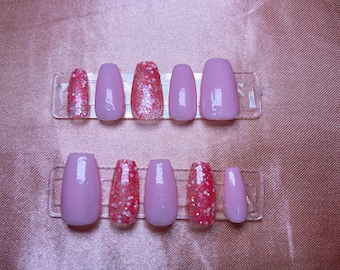 Pink Glitter Press On Nails: Coffin Shape, Reusable Party Nails