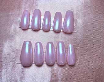Pearl Pink Press On Nails: Iridescent Coffin Shape, Reusable Nail Set