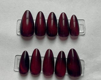 Handmade Burgundy Cat-Eye Press-On Nails | Almond Shape, Magnetic Finish (Reusable)