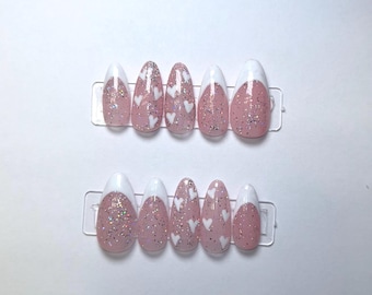 Pink Heart French Tip Press On Nails | Handmade Glitter Nail Set