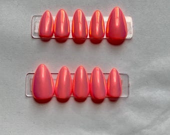 Coral Pink Chrome Almond Press On Nails | Glazed Glossy Summer Nails