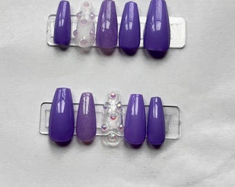 Purple Coffin Press On Nails: Rhinestone Glitter, Reusable Luxury Set