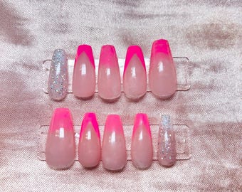 Pink French Tip Press On Nails | Handmade Coffin Nails, Glitter Accent