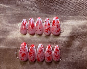 Bloody French Tip Press On Nails: Halloween Red Splatter, Reusable Almond Nails