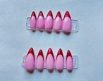 Red Cat Eye French Tip Press On Nails | Handmade Almond Glam Nails