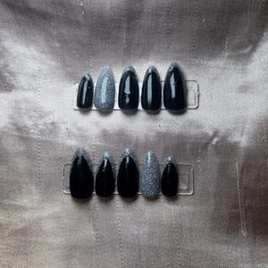 Black & Silver Glitter Press On Nails: Reusable Almond False Nails