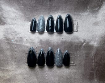 Black & Silver Glitter Press On Nails: Reusable Almond False Nails