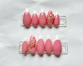 Almond French Tip Press On Nails | 3D Floral, Gold Beads