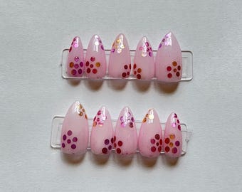 Pink Chrome Almond Press On Nails | Glossy Handmade Spring Reusable Glue On Set