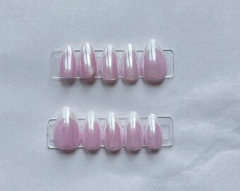 Pink Glazed Chrome Almond Press On Nails | Pearl Finish Handmade Set