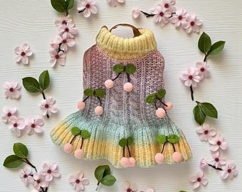 May include: A colorful, hand-knitted dog sweater with a turtleneck collar. The sweater features a gradient of pastel colors and is adorned with cherry appliqués. The background includes pink flowers and green leaves.