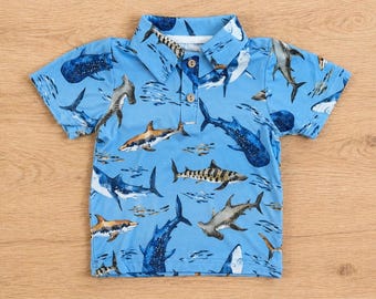 Shark & Whale Bamboo Polo | Boys Ocean Polo Shirt | Blue Marine Animal Shirt | Summer Beach Outfit | Shark Kids Shirt
