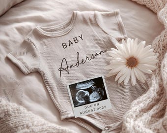 Simple Minimalist Pregnancy Announcement Digital Template Gender Neutral Baby Reveal Modern Boho Social Media Announcement Canva Editable